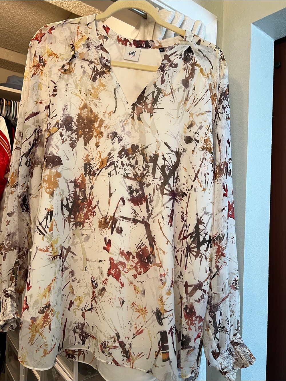 CAbi Cream Abstract-Splatter V-Neck Long Sleeve Blouse